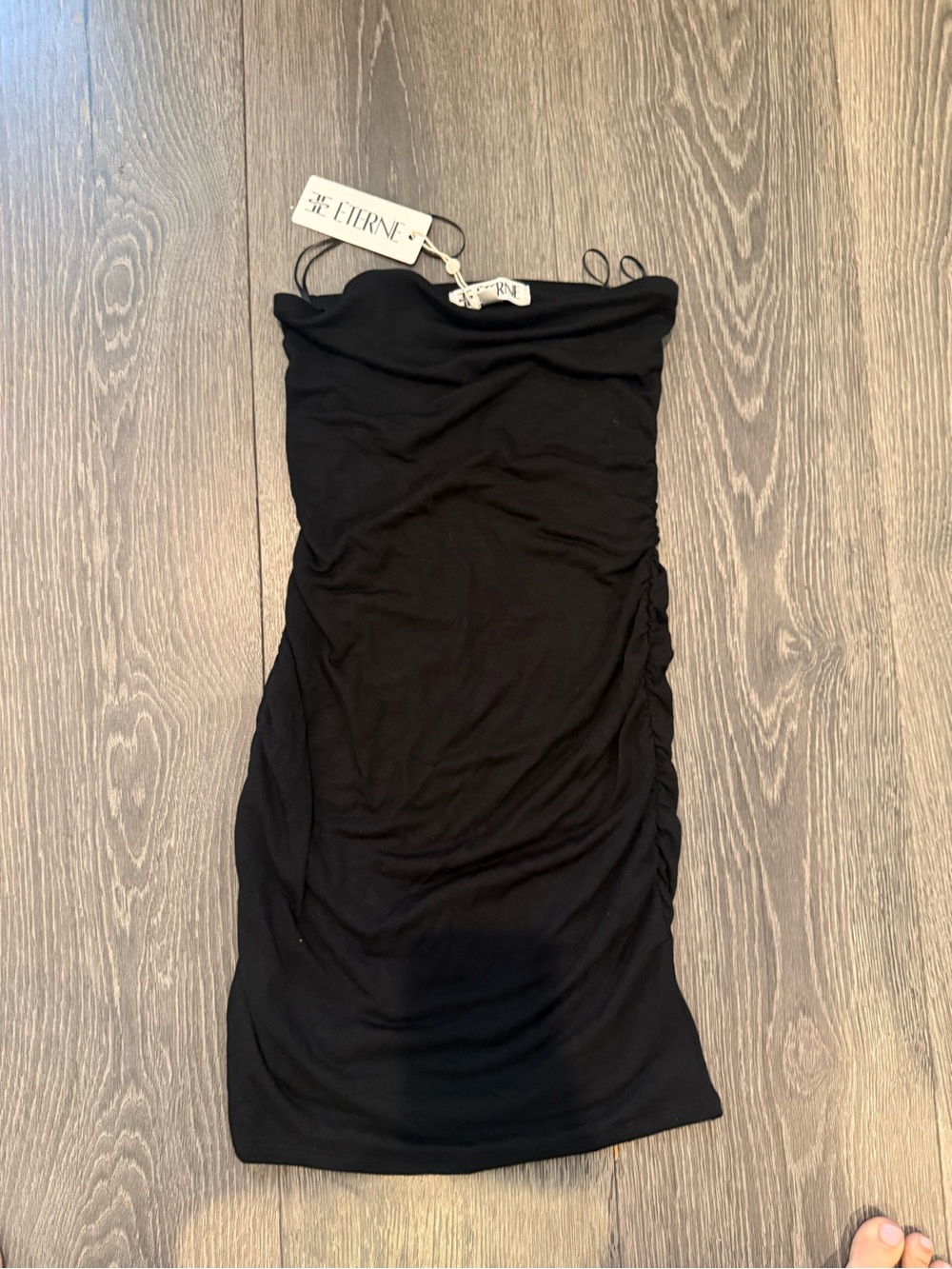 Eterne Black Strapless Ruched Bodycon Dress